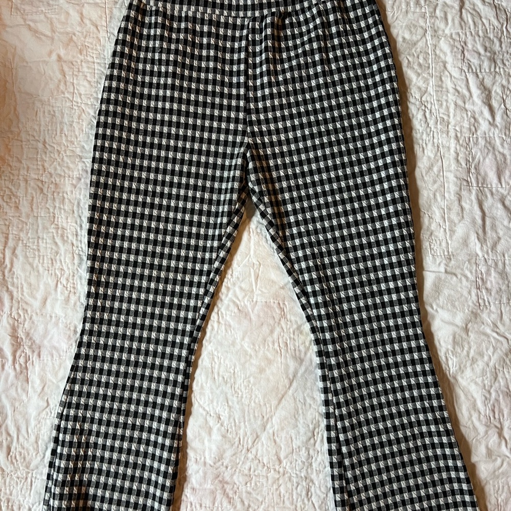 Urban Outfitters pants gingham check Casey kick flare black and white